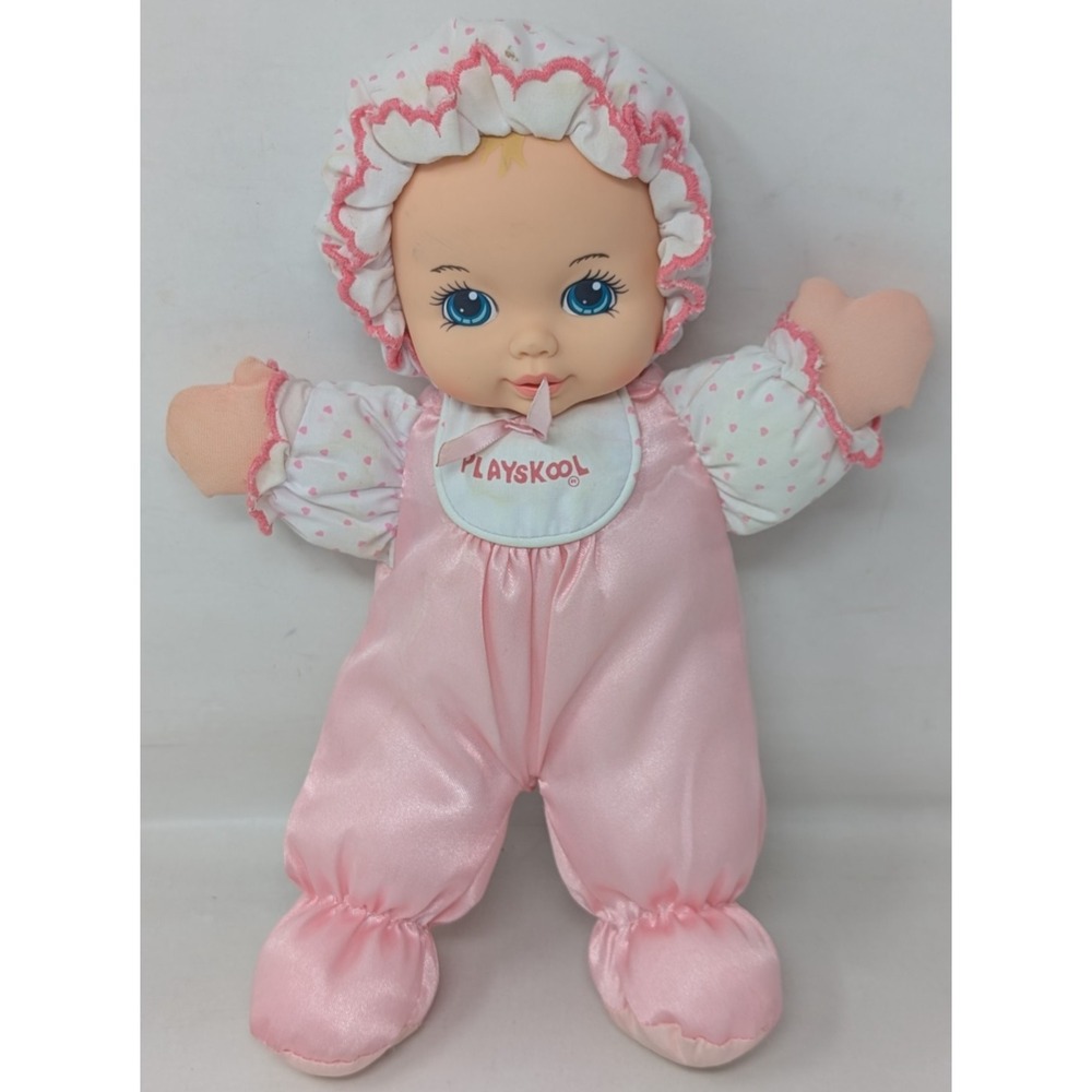 Vintage Playskool My Very Soft Baby Doll with Bonnet Pink Squeaker Plush Toy